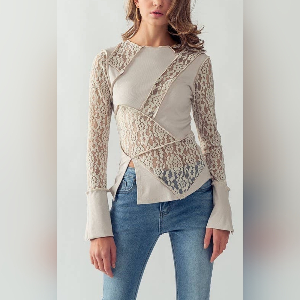 SHEER FLORAL LACE RIBBED CONTRAST TOP IN HEATHER GRAY